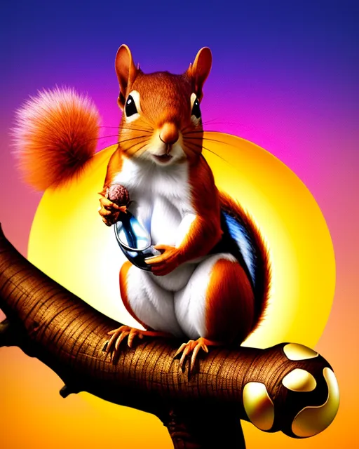 Squirrel his nut. a tree, {Sunset}, - AI Photo Generator - starryai