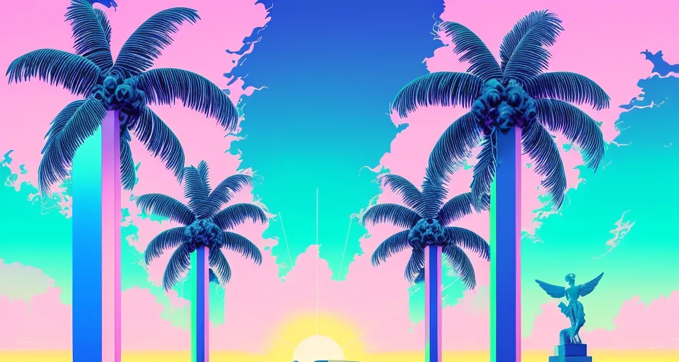 elaborate digital Vaporwave poster art featuring beautiful angelic marble statues at the forefront flanked on either side by rows of palm trees that gradually increase in size backlit by a beautiful oceanfront sunset, radiant sun rays, heat wave, kanji, digital painting, trending on artstation, iridescent, parallax, vaporwave, Tumblr art, detailed, retro vaporwave, pastels, 80's tech motifs, glitch