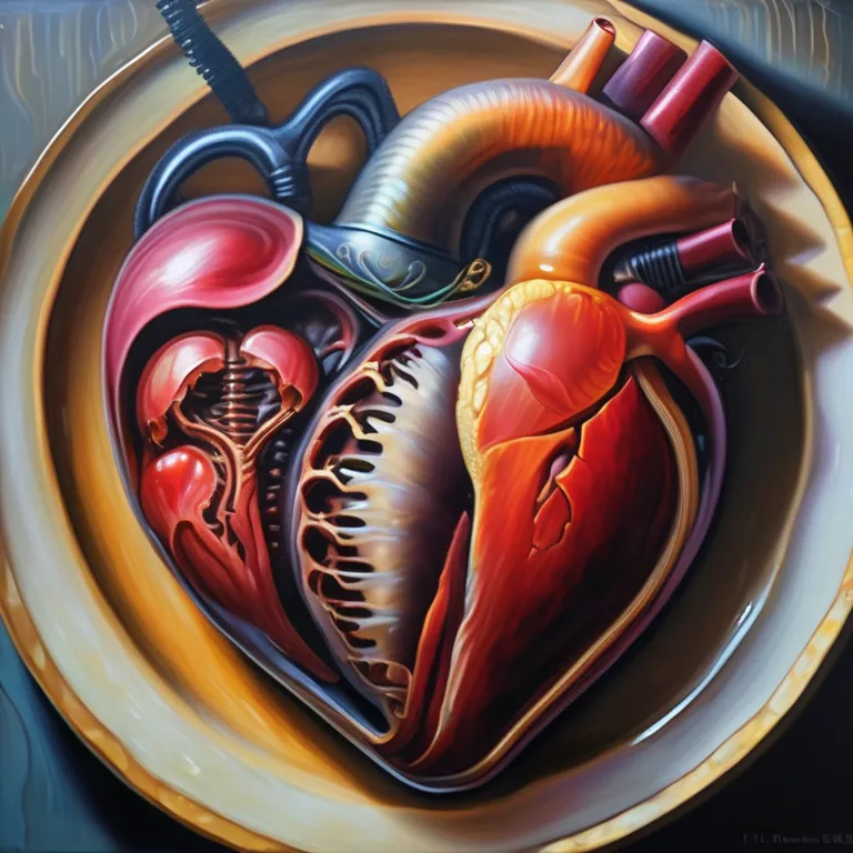 A human heart cut in half and served on a plate, beautiful lighting; Sharp Focus, Hyper-Detailed, Oil Painting, Textured Paint, [Oils], Hint Of Pastels, Masterpiece; In The Style Of H. Giger 