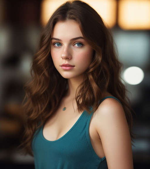 selfie of a pretty teenage girl with wavy brown hair and heart shaped lips and blue eyes making a cute face. she's wearing a tube top with sweatpants. she is gorgeous