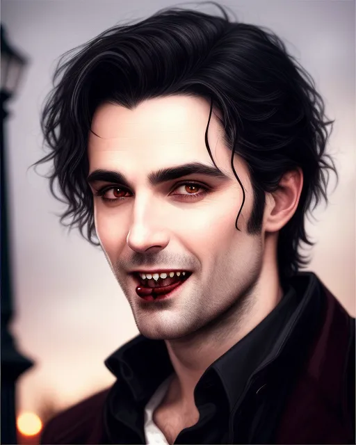 A handsome vampire, dark hair and eyes, he’s standing by a lamppost at night, his face is gorgeous, and his two teeth fangs are showing even with his mouth barely open, extremely detailed, photo realism, extremely realist, digital art, 12 k resolution. Greg  Rutkowski  