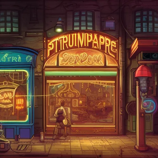 Steampunk phone shop at neon lightshyperrealism, digital painting, dan mumford, trending on artstation