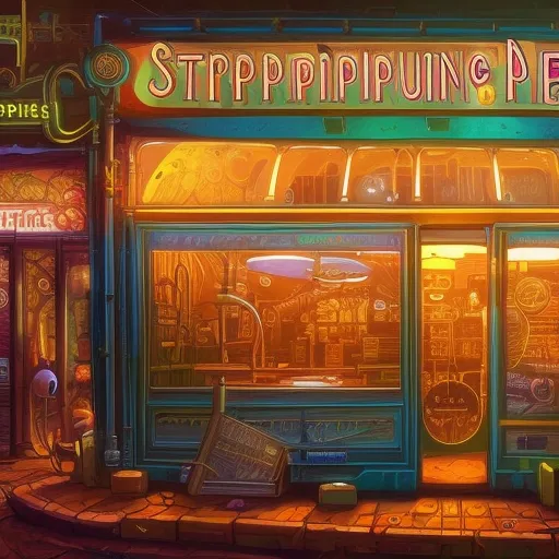Steampunk phone shop at neon lightshyperrealism, digital painting, dan mumford, trending on artstation