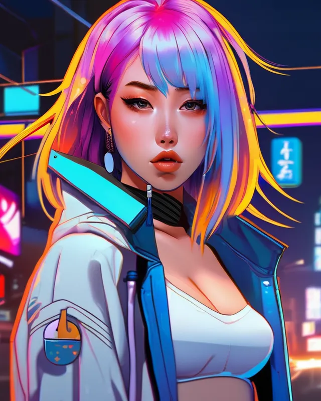 Cyberpunk anime girl, rainbow hair, - AI Photo Generator - starryai