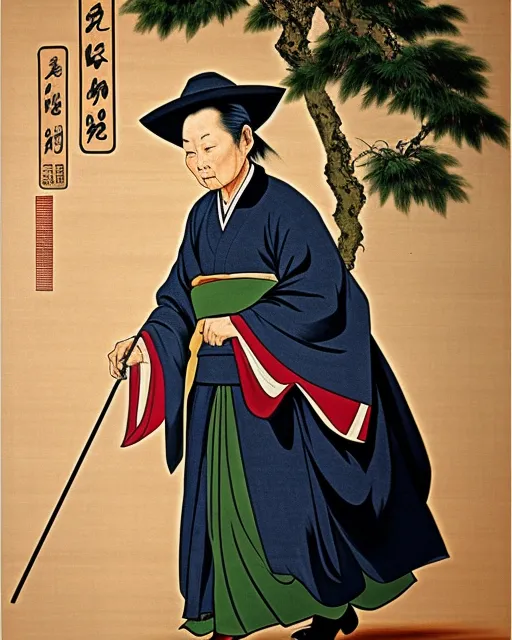 old chinese woman  walking, ancient japanese painting, perfect composition, fine art, detailed 
