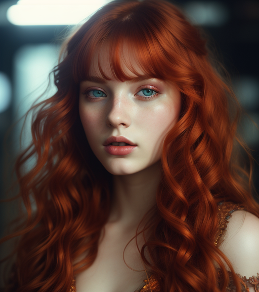 cute girl, red hair, red and orange eyeshadow, futuristic warrior, cyberpunk style, ((intricate details)), hdr, ((intricate details, hyperdetailed)), cinematic shot, vignette  long hair, intricate details, hyperdetailed., alphonse mucha, fantasy art, radiant, beautiful, galactic, radiant, big lips, big eyes, Caucasian skin