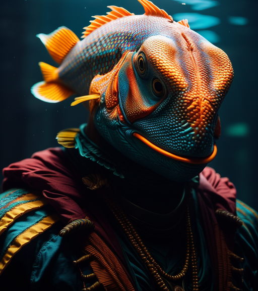 A colorful sea creature humanoid man inspired by colorful fish and aquatic mammals, aquatic symbiote, marvel superhero, wearing tribal cloth covering