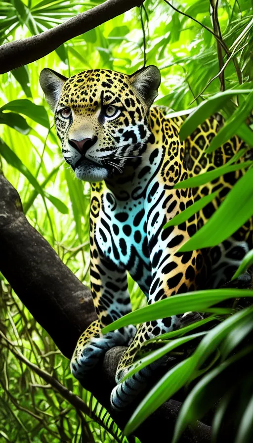 Walking down a jungle trail, crossing through a stream I look up to see a jaguar casually sitting in a tree branch looking back at me, lush jungle foliage, 