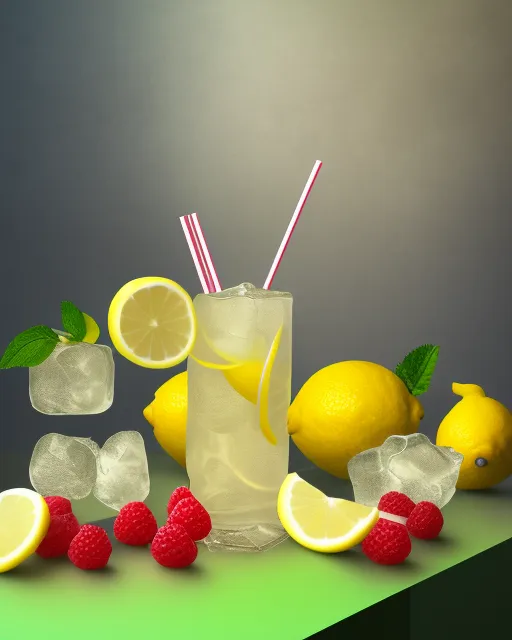 lemonade, lemon, glass, ice, straws, spoons, tray, ladle, limes, raspberries, on the garden table