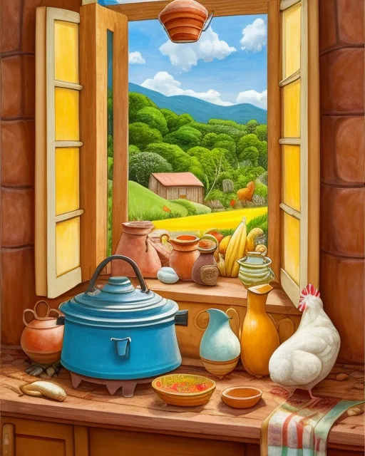 A pottery barn in a kitchen full of costarrican pots and traditional clay vases. A wooden stove made of iron. In the stove there are  earthenwar pots and traditional Cookware. Under the stove there is a hen with eggs in a basket  A cat is sleeping near the window. There is a corn grinding machine somewhere in the kitchen. A beautiful woman is stirring bubbling pottage in a cauldron. This artwork captures de essence of a peaceful day in the country side of Costa Rica. 4k, hyper detailed, drawing, full-color, oíl painting. 