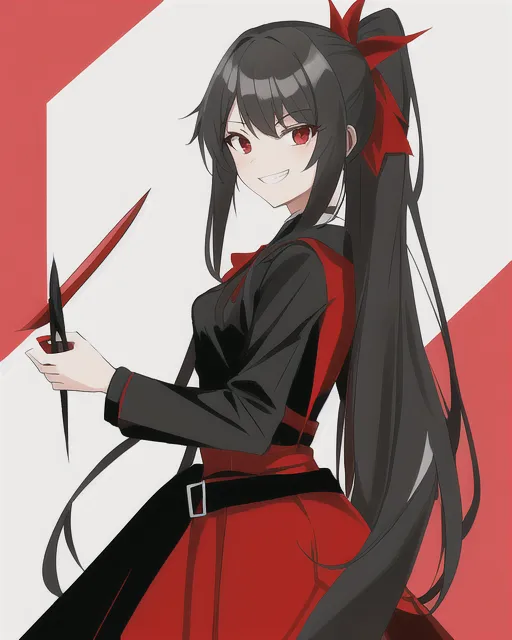 A long black high ponytail girl with a bloody red dress, grinning, red eyes, holding a small knife