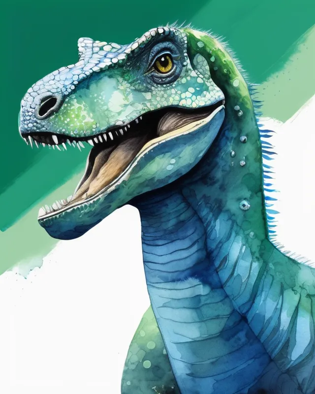 alosaurus, gigantic  blue and green, watercolor illustration 