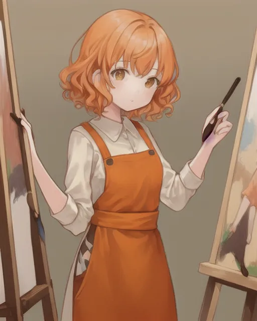 1girl, solo, orange curly short hair, beige apron with colored paint spots, brown trousers, holding a palette and brush for drawing, easel, canvases, brown eyes, paintings, waist-high