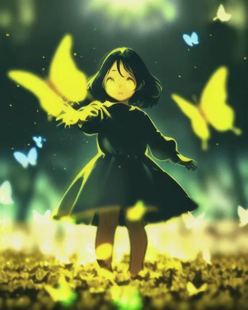 1girl, full body, silhouette girl:1.3, solo, yellow kindergarten, yellow light, dream atmosphere, blue sky, child, ((child pulling hand with viewer)), blur:1.2, butterflies, (blurry, magic, atmosphere:1.5), light, yellow palette, leaf frame, mysticism, fog:1.3, sparkle:0.2, sunlight:1.6