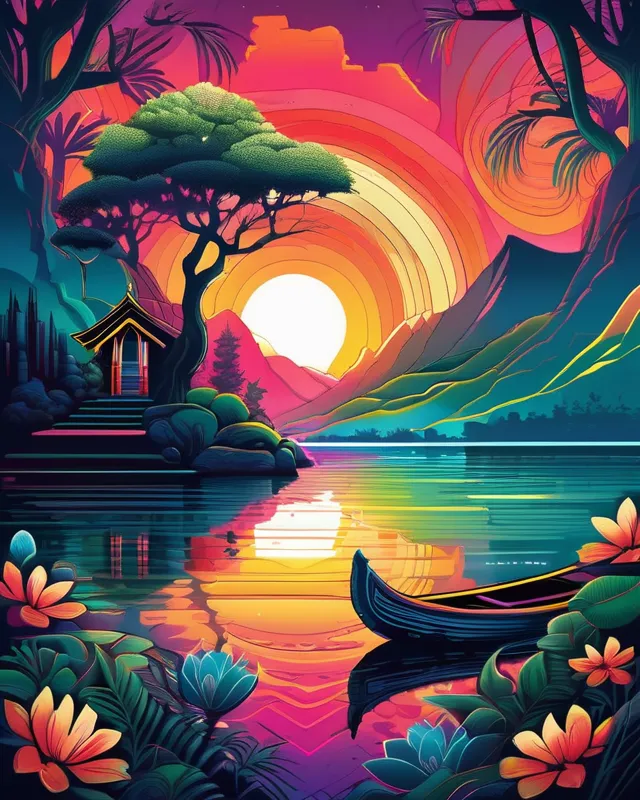 Translate the feeling of 'serenity' into a visual masterpiece. Create an abstract representation of tranquility and inner peace through colors, shapes, and patterns, dan mumford