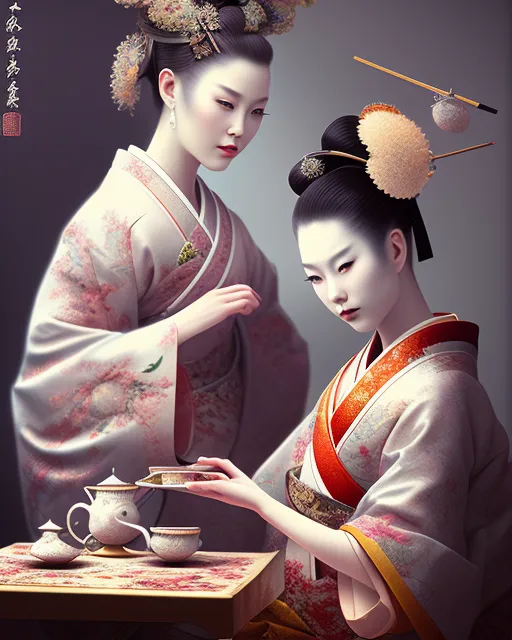 Geisha., fantasy art, hyper detailed, colorful, detailed, landscape, vapor, chinese watercolor