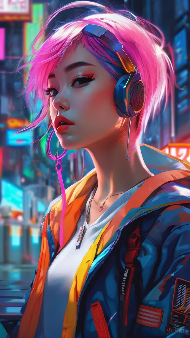 Cyberpunk Anime Girl, Rainbow Hair, - AI Photo Generator - starryai