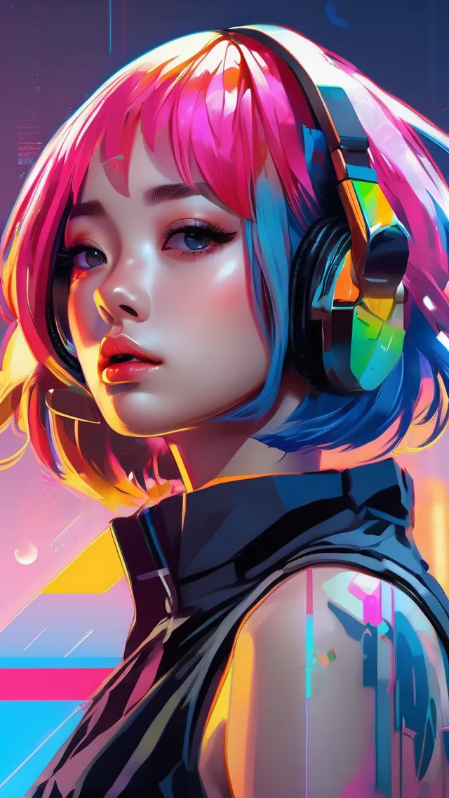 Cyberpunk anime girl, rainbow hair, - AI Photo Generator - starryai