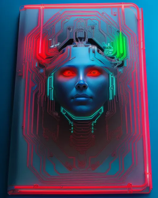 8K, hyper-detailed and hyper-realistic image of sci-fi-inspired book cover that captures essence of futuristic charm and techno-culture, design incorporates cybernetic elements and be dominated by neon colors, giving it strong sci-fi vibe, book cover is harmonious blend of LED lights, metal plates, intricate wires, circuitry, all of which should reflect high-tech feel, futuristic fabrics and ensure that entire scene is metallic, adding to overall high-tech theme, design is illuminated using HDR lighting techniques to provide depth, contrast, vividness, replicating look of HDR photography