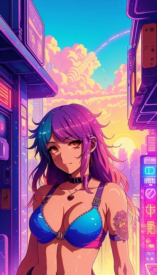 Cyberpunk Anime Girl, Rainbow Hair, - AI Photo Generator - starryai