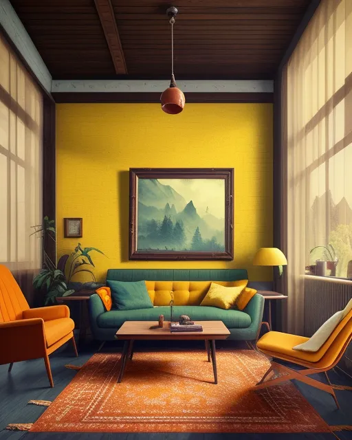 vintage, beautiful,   retro  style,  hd, room interior design detailed,  beautiful ,wall art, detailed,  beautiful,  made of wood,  70s living room, stone geometric wall, yellow couch, orange chair, coffee table,yellow striped curtains, green carpet,wood stairs