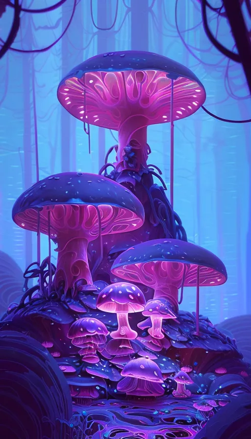 A pink blue mushroom forest art), - Free AI Photo Generator - starryai