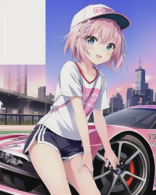 (Young Anime little Girl, light purple/pinky hair, blue eyes, short-cut braided hairstyle, wearing casual t-shirt and shorts, baseball hat)!, ((showing Super GT Race Car with custom livery))!!, cute face expression, slight smile, slender petite body, small bust, ((new york city morning landscape scenery, towers, oceanfront, sunrise skies, ultra detailed, full-color)), anime character, nice hands, character design, anime face, correct anatomy, sharp focus, deviantart, 4K, Ultra HD, beautiful detailed face, enhanced image, (((perfect car design, car image)))