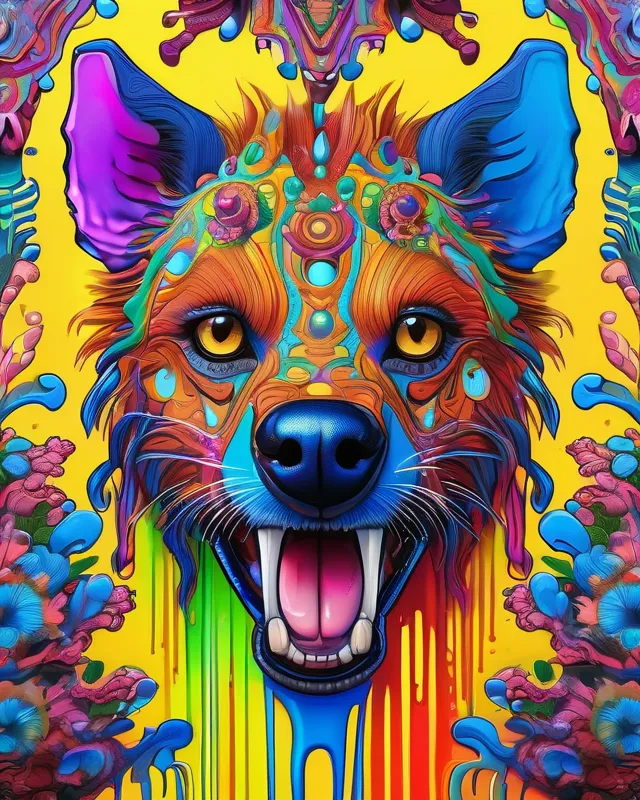 a liquid portrait of a Hyena Cyborg made of summer colours, muscles and movement, charging, splash style of colourful paint, hyperdetailed intricately detailed, fantastical, intricate detail, splash screen, complementary colours, liquid, gooey, slime, splashy, fantasy, concept art, 8k resolution, masterpiece, melting, complex background, dark art, digital art, intricate, oil on canvas, masterpiece, expert, insanely detailed, 4k resolution, fairy tale illustration, dramatic