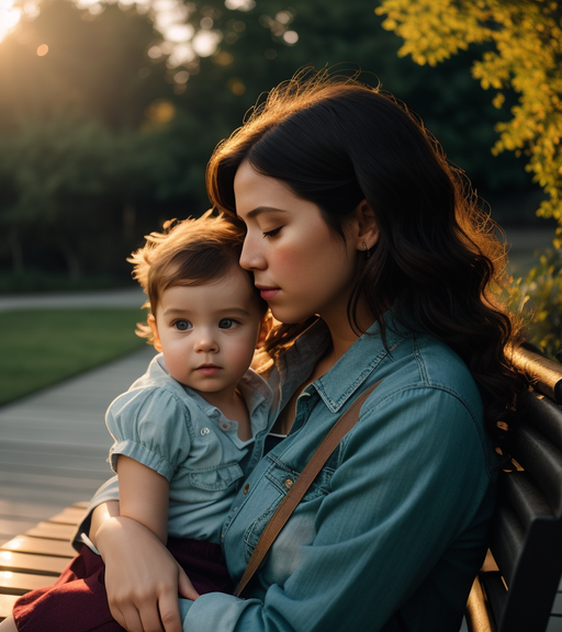 Mother child on a bench, hyper - Free AI Photo Generator - starryai