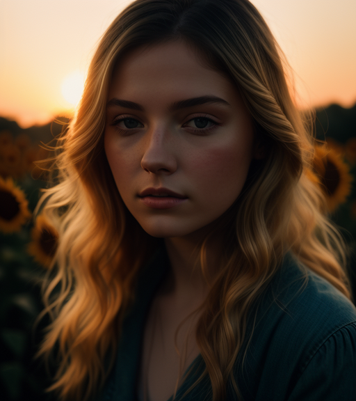 side portrait golden hour beautiful sad pale female girl, red carnations and sunflowers, 85mm, sharp focus, leica lens, high contrast, bright sunlight