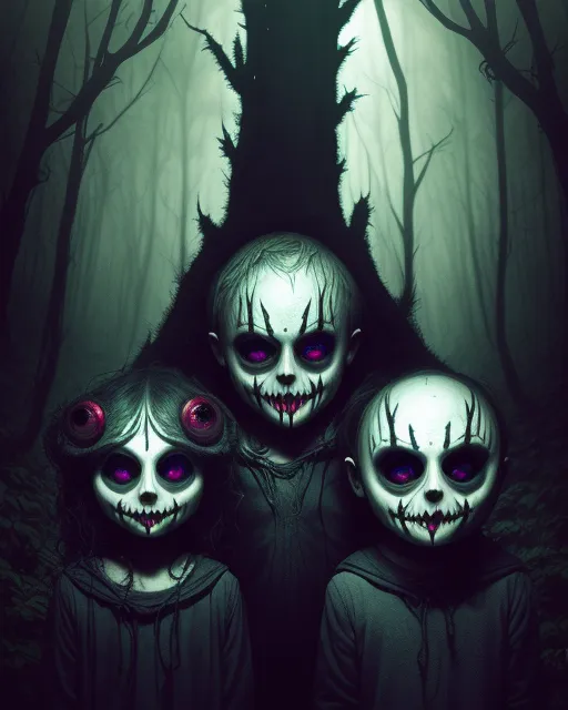 Creepy Kids wearing Halloween masks in a dark forest, seb mckinnon, Anna Dittmann, cinema 4d, hyperrealism, trending on artstation, dan mumford