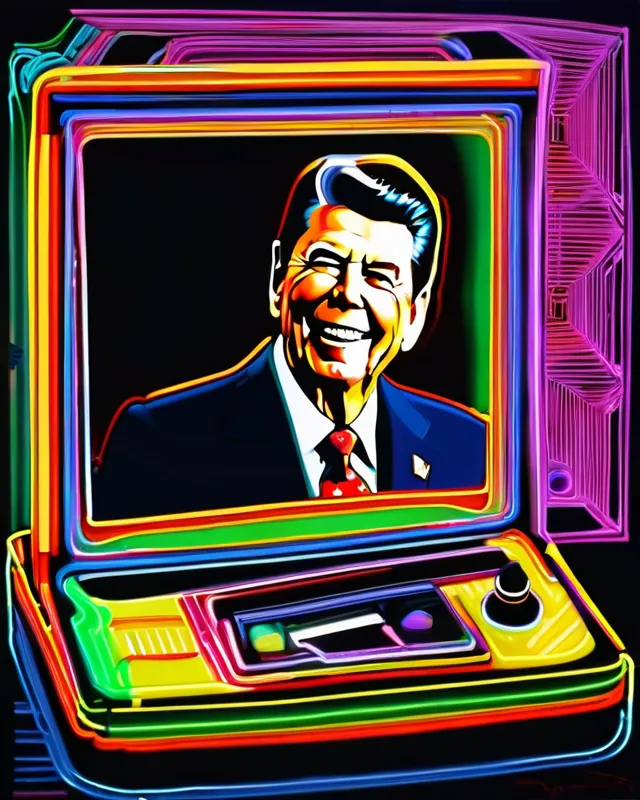 Ronald Reagan playing Vectrex , abstract expressionism, surrealism, street art, astral, glowing neon, vibrant