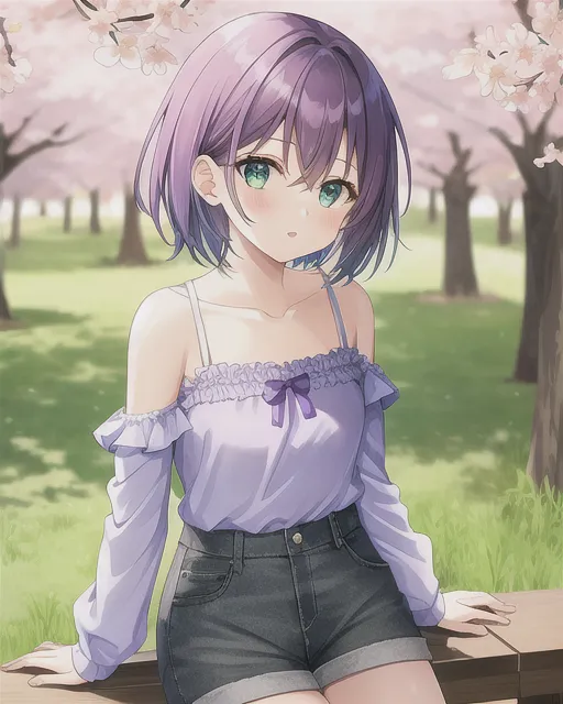 A girl with purple short hair wearing blue long sleeve ruffle tank top, dark grey denim shorts, green eyes, in a Japanese cherry blossom tree forest,