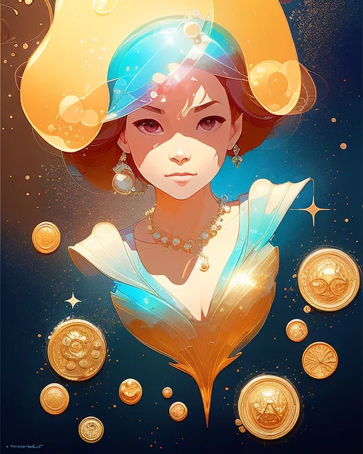 Pearls, diamonds, coins, underwater, golden glowing, cosmic background, nighttime, Colored pencil texture, fine outline sketch, digital painting, splotchy details, tiny layered halftone overlay, intricate pencil sketch overlay, extreme long shot, chromatic aberration in the distance, rough concept art, aerial view, by artgerm, dent wu, dan mumford, beeple, wlop, rossdraws, james jean, marc simonetti