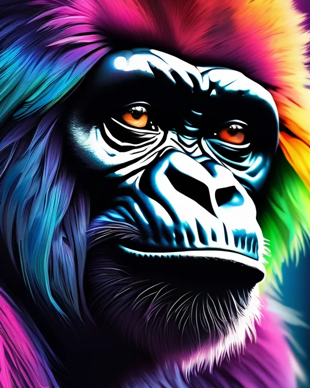 Gorilla Woman beautiful,  rainbow fur, digital painting,  digital illustration,  extreme detail,  digital art,  4k,  ultra hd, hyper detailed, watercolor, hyperrealism, glowing neon, psychedelic