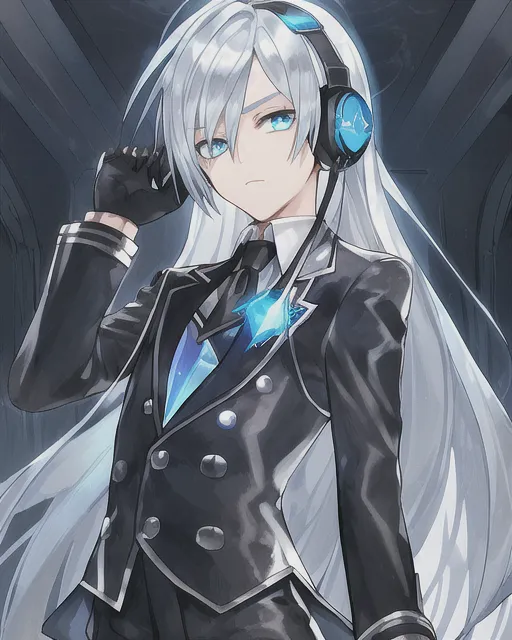 Boy, headphones, Ocean Blue eyes, Silver metalic hair, black gloves {Leather },School uniform{boy}, demon aura 