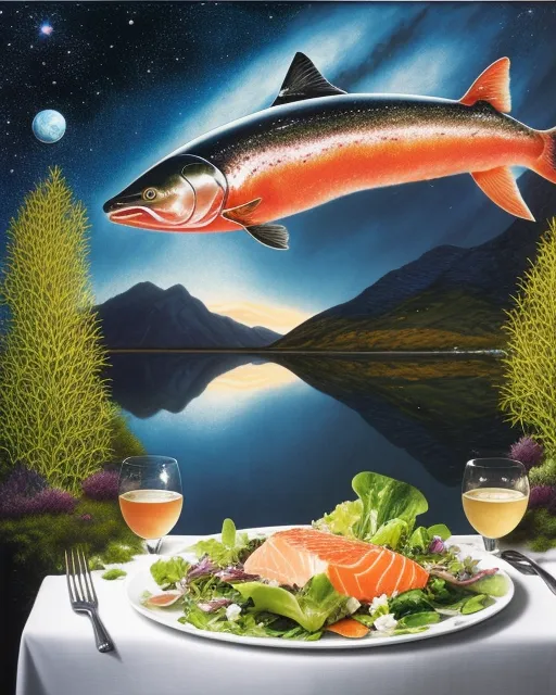 ￼ a salmon, eating a salad at the kitchen table.￼, beautiful fantasy landscape,  realistic and natural,  cosmic sky,  detailed full-color,  nature,  hd photography,  fantasy by john stephens,  david muench,  james mccarthy,  hirō isono,  realistic surrealism,  elements by nasa,  magical,  detailed,  alien plants,  gloss,  hyperrealism