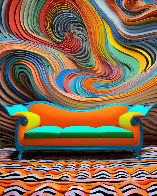 an old-fashioned sofa, still life made of tight swirls of colored papers, hyper detailed, surreal, concept art, colorful, 1970s