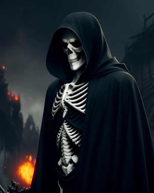 Computer generated halloween grim reaper skull face hooded figure 3D  illustration. A.I. generated art. Stock Illustration