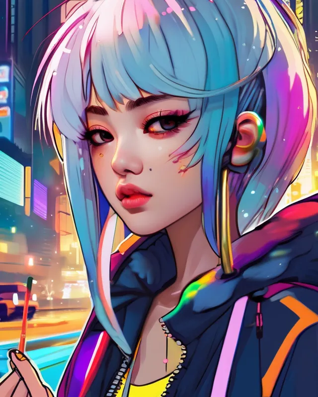 Cyberpunk anime girl, rainbow hair, - AI Photo Generator - starryai