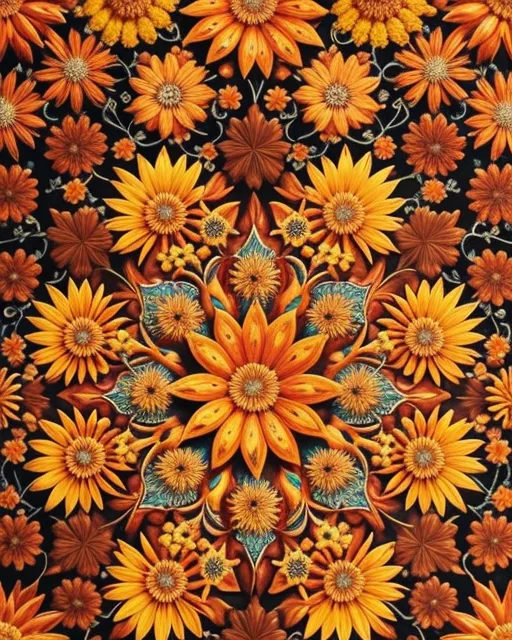 An Ultra Hd Detailed Painting Of Pumpkin Spice Flowers By Android Jones, Earnst Haeckel, James Jean. Behance Contest Winner, Generative Art, Baroque, Intricate Patterns, Fractalism, Movie Still, Photorealistic