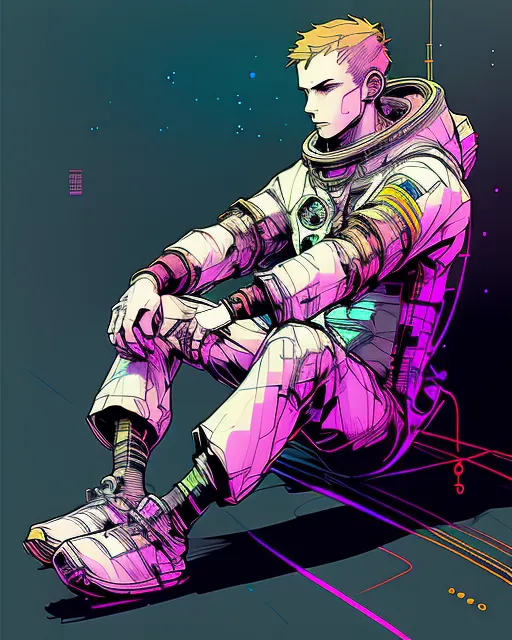 Digital image of an astronaut in a T-shirt, sneakers, with hands in pockets, flying on a surfboard in space