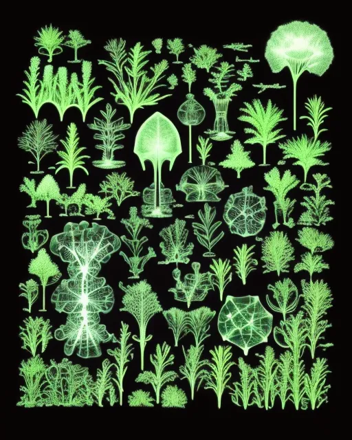 Science inspired landscape. magical plants. X ray of some plants and animals. Mysterious. Detailed. Intricate patterns.  Microorganisms. Colorful. Fanciful. Energy. Electricity. Mad science. High contrast. Shadow play.