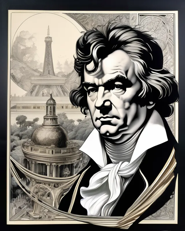 detailed ink painting of Ludwig Van Beethoven