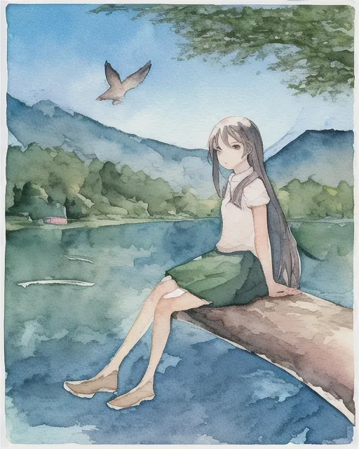 girl, sitting on snag, lake shore, trees at background, birds flying, watercolor