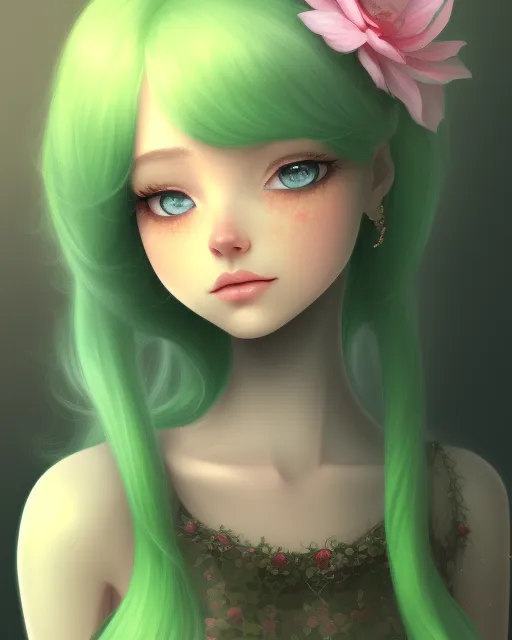 A innocent girl that has poofy green - AI Photo Generator - starryai