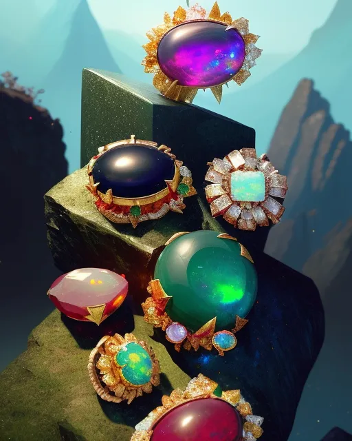 a onyx gem and a emerald gem and a ruby gem and a sapphire gem and a topaz gem and a opal gem on a pile of gold