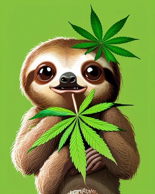 Big eyed baby Sloth eating Marijuana leaves, 2d vector illustration portrait, beautiful, vibrant, digital art, polished, photorealistic, elaborate