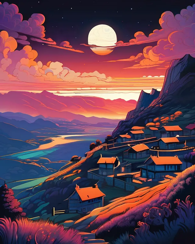 Moonlight over a village view from a mountain top, some clouds in the sky, dan mumford, kilian eng, cosmic, awestruck, expansive, beautiful, John Avon 