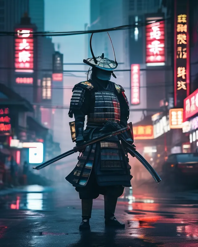 Shanghai Samurai, cybernetic enhancements, cursed with invisibility, cyborg, dystopia, doomed future,  long exposure  photography,  full-color,  hd photography,  digital art,  4k apocalyptic scenery